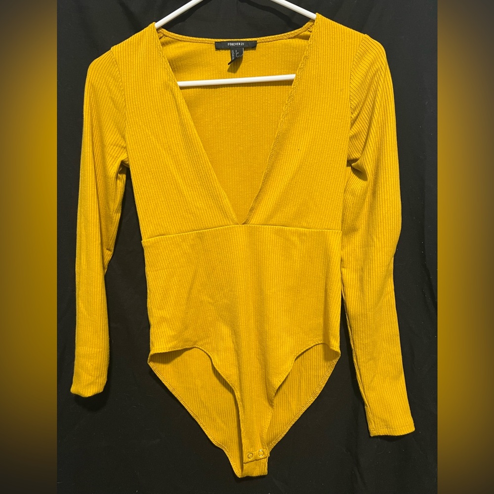 Forever 21 small yellow deep V long sleeve bodysuit